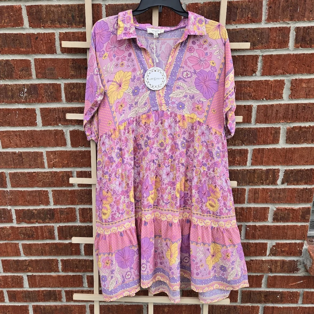 NEW Umgee Floral Print V-Neck Tiered Dress Pink XL - Picture 3 of 10
